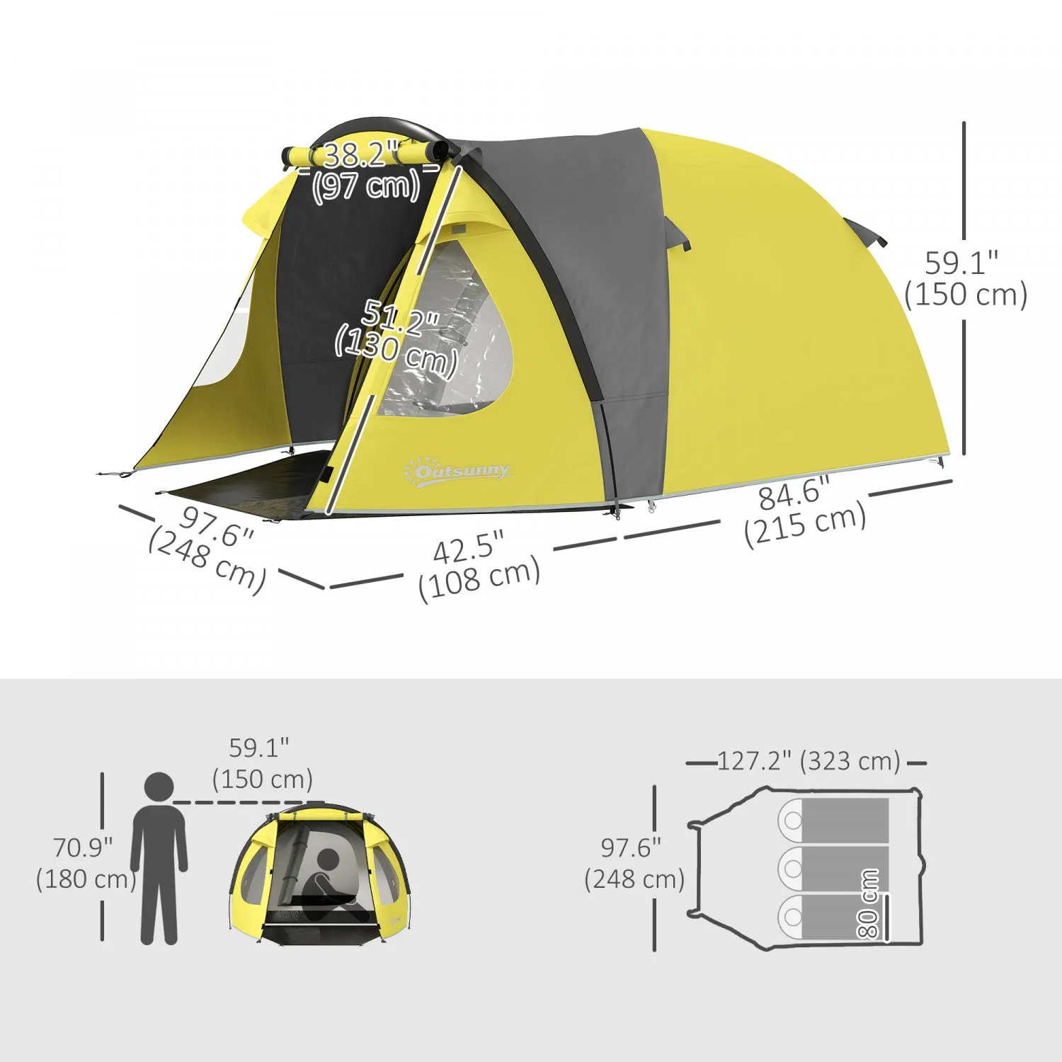 Outsunny 3-4 Person Camping Tent, Easy Set Up Dome Tent With Porch