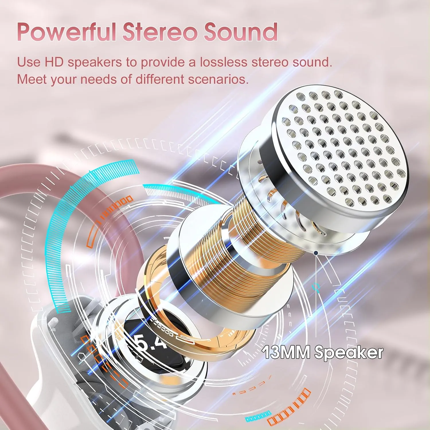 OYIB Wireless Earbuds Bluetooth 5.4 Headphones Sport, 50H Bluetooth Earbuds with Earhooks, Over Ear Bud Deep Bass with ENC Mic, IP7 Waterproof Wireless Earphone for Workout/Running, Rose Gold