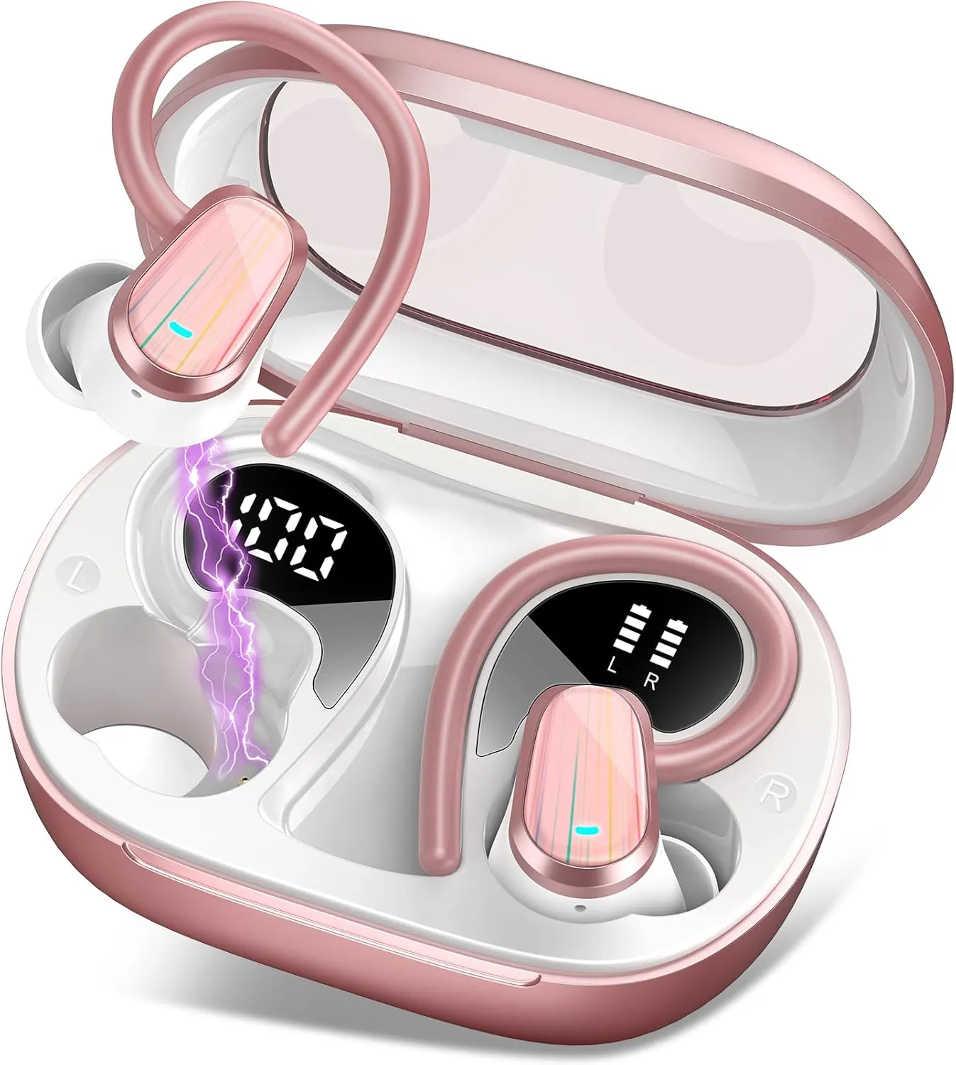 OYIB Wireless Earbuds Bluetooth 5.4 Headphones Sport, 50H Bluetooth Earbuds with Earhooks, Over Ear Bud Deep Bass with ENC Mic, IP7 Waterproof Wireless Earphone for Workout/Running, Rose Gold