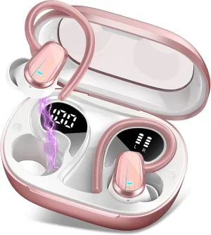 OYIB Wireless Earbuds Bluetooth 5.4 Headphones Sport, 50H Bluetooth Earbuds with Earhooks, Over Ear Bud Deep Bass with ENC Mic, IP7 Waterproof Wireless Earphone for Workout/Running, Rose Gold