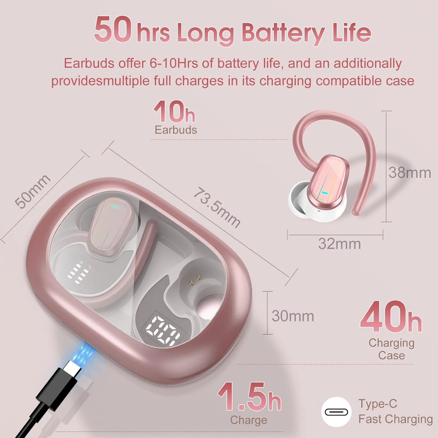 OYIB Wireless Earbuds Bluetooth 5.4 Headphones Sport, 50H Bluetooth Earbuds with Earhooks, Over Ear Bud Deep Bass with ENC Mic, IP7 Waterproof Wireless Earphone for Workout/Running, Rose Gold