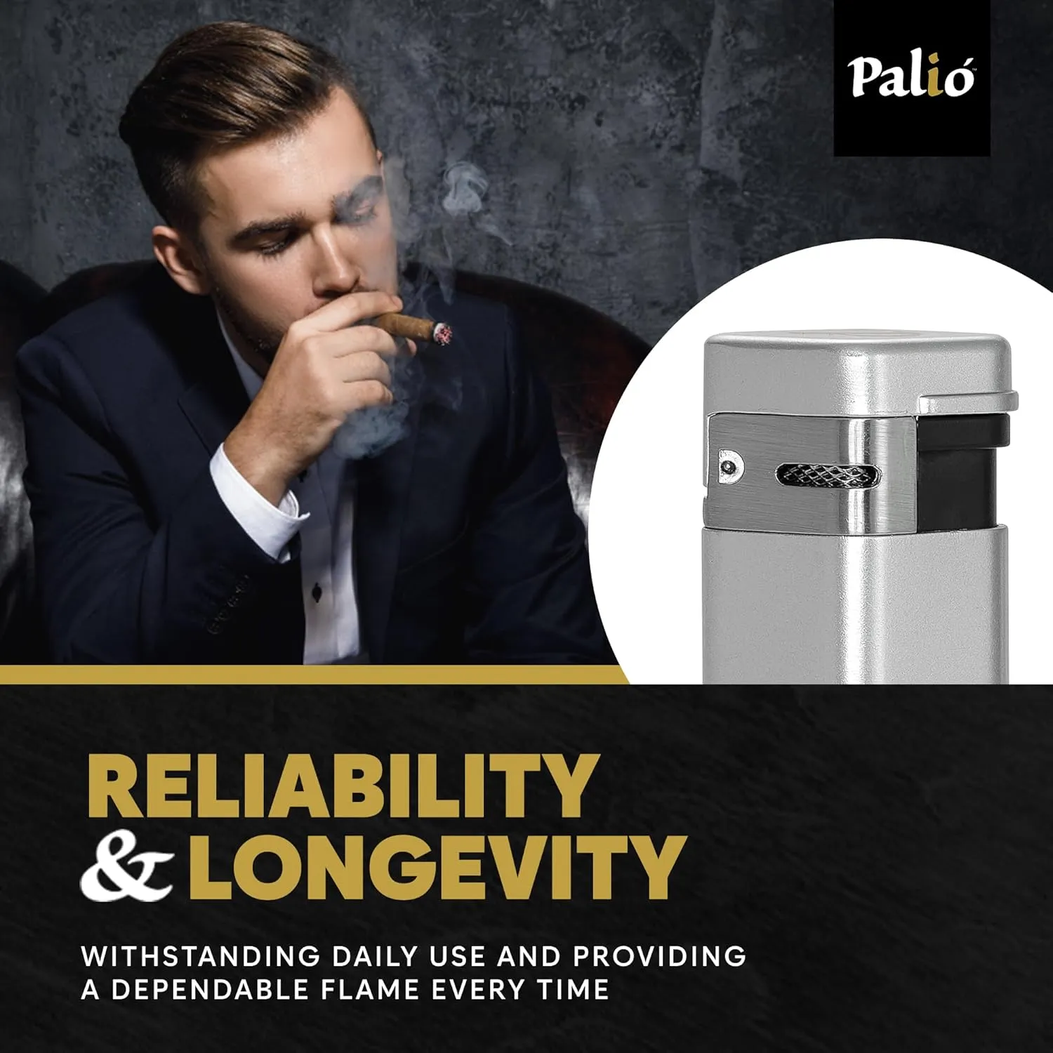 Palió Treo Triple Jet Flame Butane Torch Lighter, Silver | Wind Resistant, Oversized Refillable Fuel Tank, Adjustable Flame, Easy Push Ignition, Flip-Top Lid, High Altitude Tested