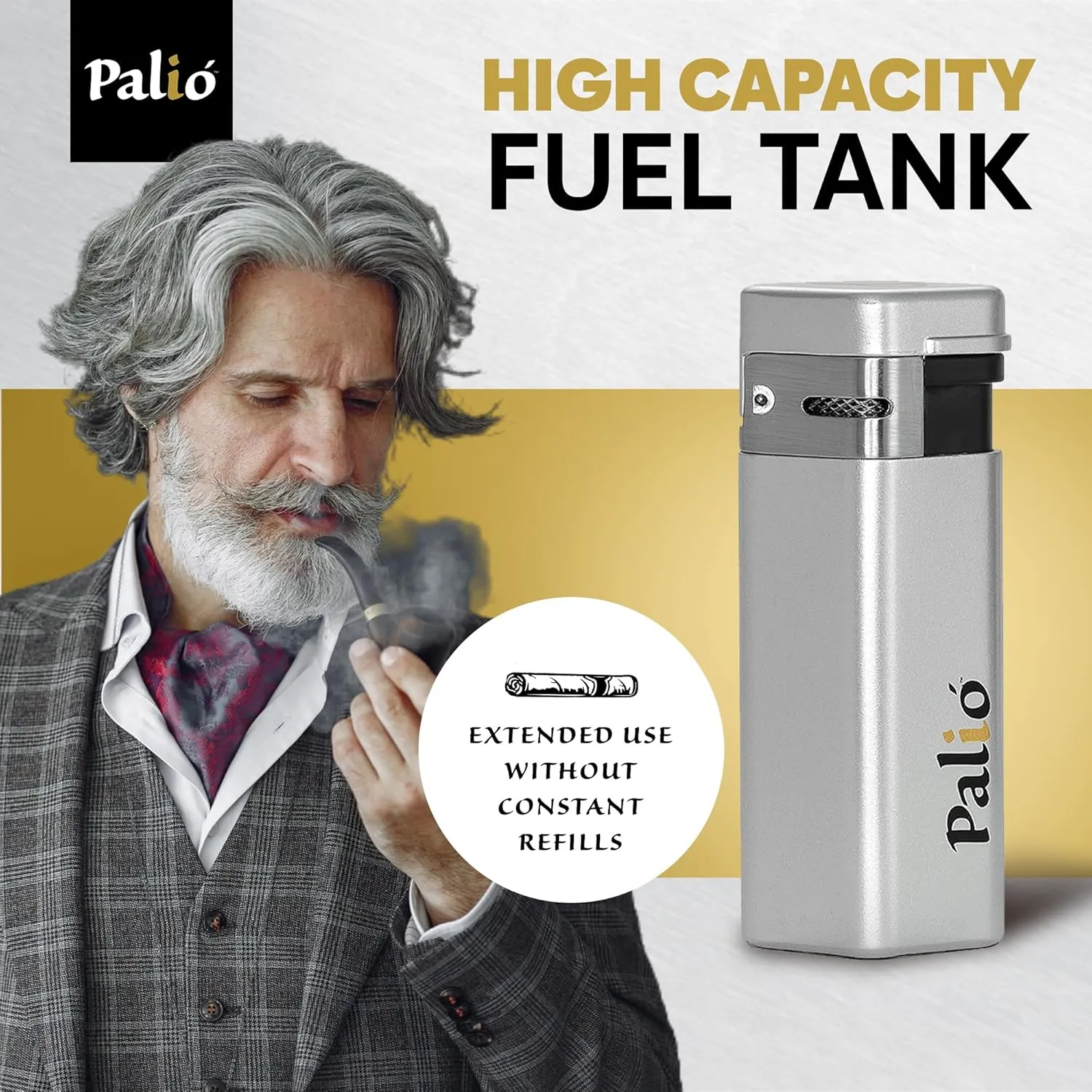 Palió Treo Triple Jet Flame Butane Torch Lighter, Silver | Wind Resistant, Oversized Refillable Fuel Tank, Adjustable Flame, Easy Push Ignition, Flip-Top Lid, High Altitude Tested