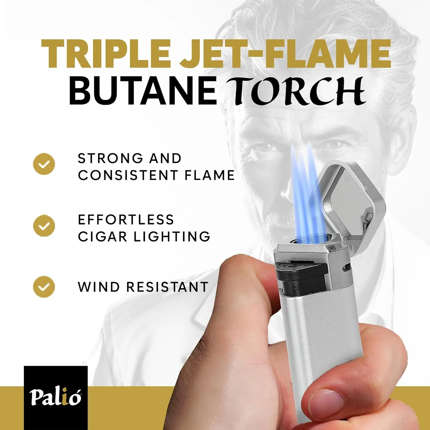Palió Treo Triple Jet Flame Butane Torch Lighter, Silver | Wind Resistant, Oversized Refillable Fuel Tank, Adjustable Flame, Easy Push Ignition, Flip-Top Lid, High Altitude Tested