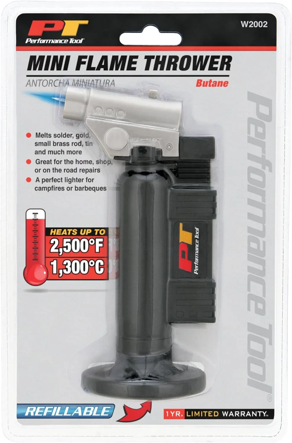 Performance Tool W2002 Refillable, Adjustable Butane Flame Mini Jet Torch (2,500 Degrees Celsius), Melts Solder, Gold, Small Brazing Rods, Tin & much more.