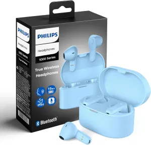 PHILIPS True Wireless Earbuds, TWS Bluetooth 5.3 Headphones, 13mm Drivers, AI Mic for Clear Calls, IPX4 Waterproof, 15 Hours Playtime, Compatible w/iPhone Android & Bluetooth Devices, TAT1138 Blue