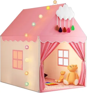 Pink Kids Play Tent with Mat, Cloud and Ball Lights Large Playhouse for Boys and Girls -Princess Tent for Bed- Indoor & Outdoor Toddler Camping Tent(Cloth Door & Metal Rack)