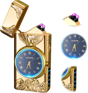 Plasma Lighter USB Rechargeable with led Display arc Lighter with Clock dial time Display Cool Lighter for Father's Day（Gold）