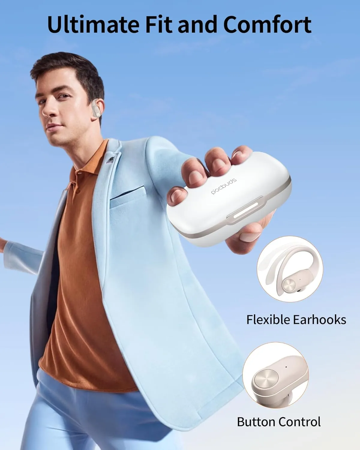 PocBuds Bluetooth Headphones Wireless Earbuds 80hrs Playtime Wireless Charging Case Digital Display Sport Ear buds with Earhook Deep Bass IPX7 Waterproof Over-Ear Earphones for Phone Laptop Pearl Gray