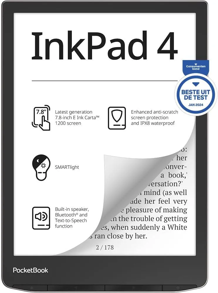 PocketBook InkPad 4 | Eye-Friendly Audio & E-Book Reader | Large 7.8ʺ E-Ink Display | Anti-Scratch Protection | Text-to-Speech Function | Bluetooth® | Built-in Speaker | SMARTlight | IPX8 Waterproof