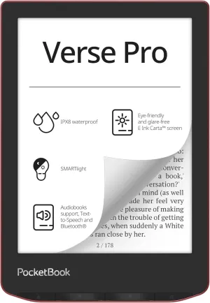 PocketBook Verse Pro E-Reader Waterproof | Eye-Friendly 6'' E-Ink Carta™ HD Touchscreen | Audio-Book & E-Book Reader | Text-to-Speech Function | SMARTlight | 16GB | WiFi & Bluetooth | Red