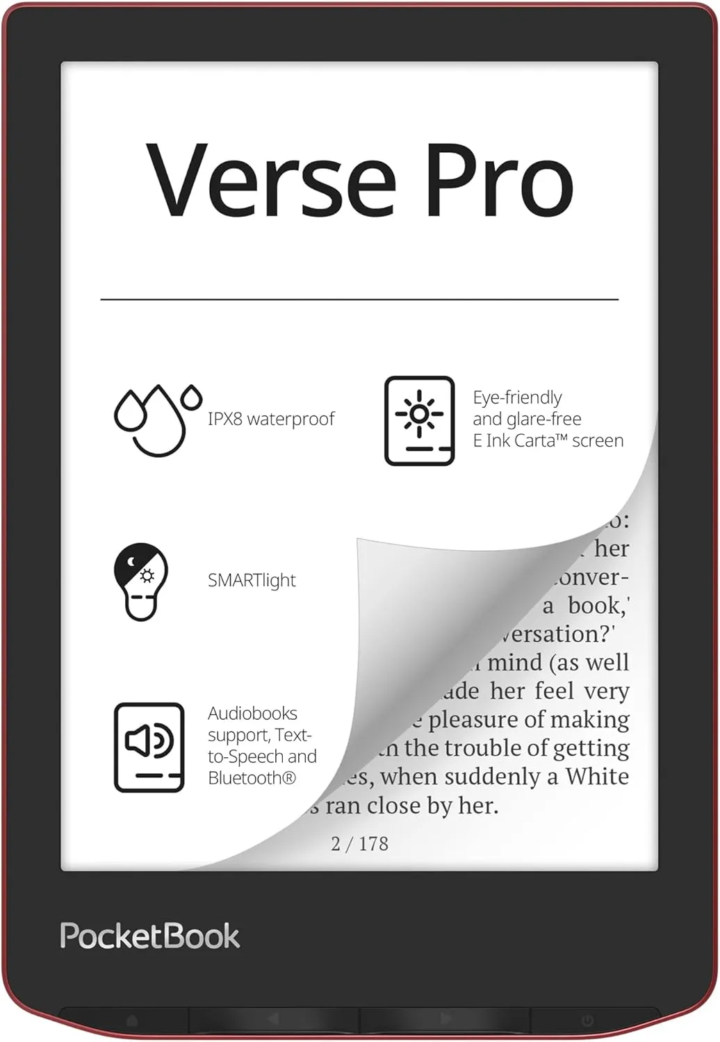 PocketBook Verse Pro E-Reader Waterproof | Eye-Friendly 6'' E-Ink Carta™ HD Touchscreen | Audio-Book & E-Book Reader | Text-to-Speech Function | SMARTlight | 16GB | WiFi & Bluetooth | Red