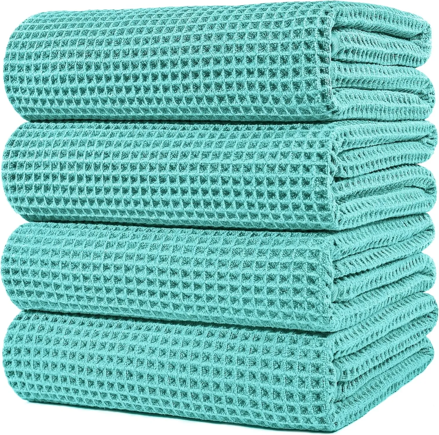 POLYTE Microfiber Oversize Quick Dry Lint Free Bath Towel, 60 x 30 in, 4 Pack (Aqua, Waffle Weave)