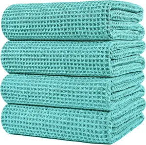 POLYTE Microfiber Oversize Quick Dry Lint Free Bath Towel, 60 x 30 in, 4 Pack (Aqua, Waffle Weave)