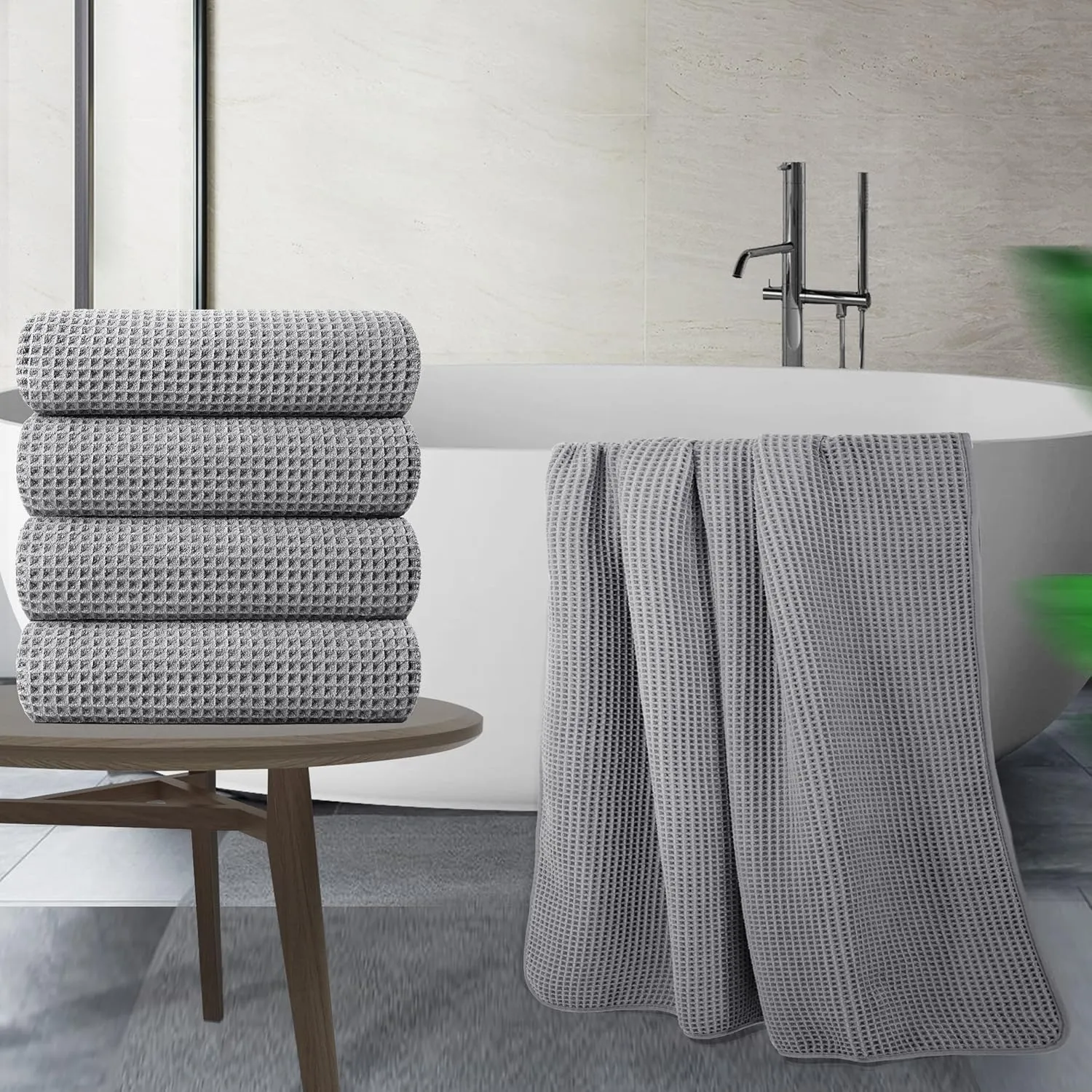 POLYTE Microfiber Oversize Quick Dry Lint Free Bath Towel, 60 x 30 in, 4 Pack (Gray, Waffle Weave)