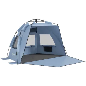 Pop Up Beach Tent for 2-3 Persons, UPF15  Sun Protection Shelter with Extended Groundsheet, Sandbags, Light Blue | Outsunny