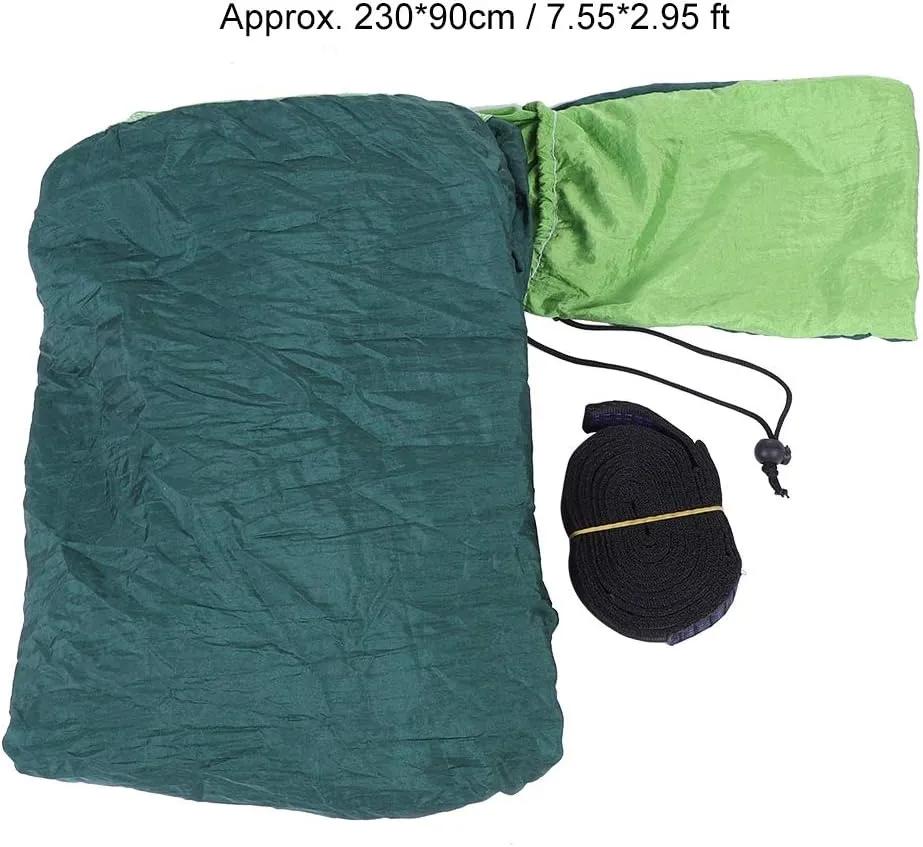 Portable Camping Travel Single Hammock Strong Long Lasting Nylon Hammock with Tree Strap for Relaxing Outdoor Activities (Fruit Green and Dark Green 230 * 90 with Double Ring)