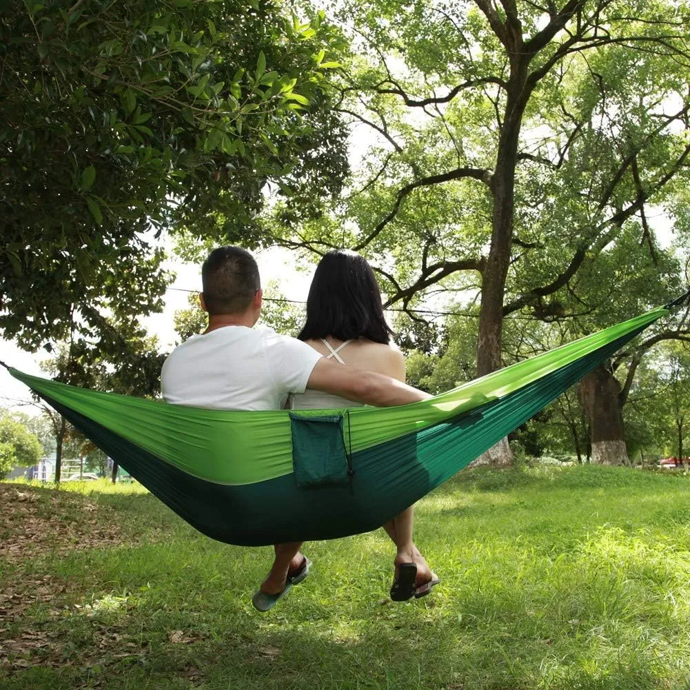 Portable Camping Travel Single Hammock Strong Long Lasting Nylon Hammock with Tree Strap for Relaxing Outdoor Activities (Fruit Green and Dark Green 230 * 90 with Double Ring)