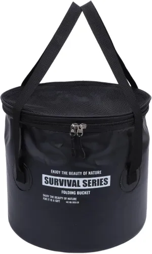 Portable Cloth Folding Bucket with Mesh Pouch - Versatile Draining Basket & Water Container for Outdoor Camping, Fishing and Car Washing (Black)