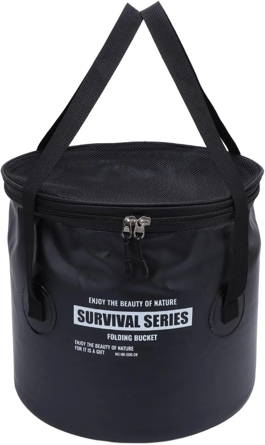 Portable Cloth Folding Bucket with Mesh Pouch - Versatile Draining Basket & Water Container for Outdoor Camping, Fishing and Car Washing (Black)
