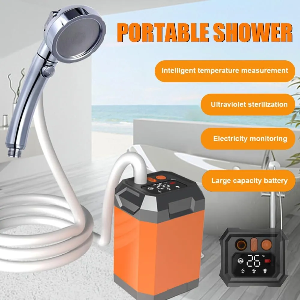Portable Shower for Camping, 5400mAh Rechargeable Camping Shower with Intelligent LED Display, Outdoor Handheld Shower Kit for Camping, Hiking, Traveling, Pet Cleaning