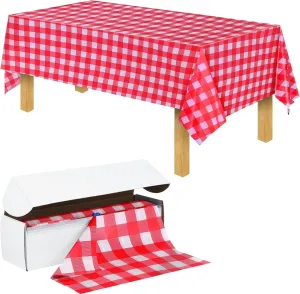 Preboun 54 Inch x 100 Feet Plastic Table Cloth Disposable Table Cover Roll Plastic Tablecloth with Convenient Slide Cutter Box for Party Picnic Banquet Kid's Activities (Red, White)