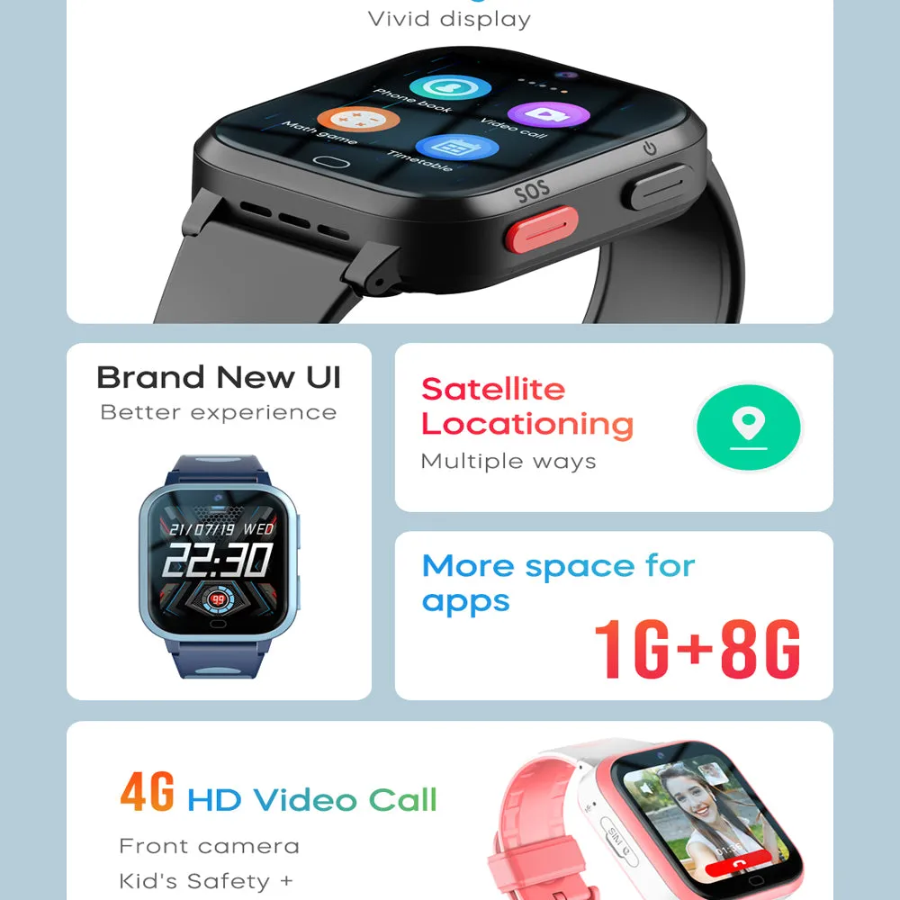 Premium 4G Kids Smartwatch – Video Call, GPS Tracking, IP67 Waterproof, 8GB ROM, Health Monitoring, Wi-Fi, Voice & Video Calls, Android Compatibility