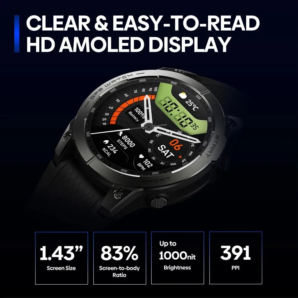 Premium GPS Sports Smartwatch for Men - 1.43” AMOLED, Built-in GPS, 100  Sports Modes, Health Tracking, 18-Day Battery, Waterproof, Bluetooth Calls