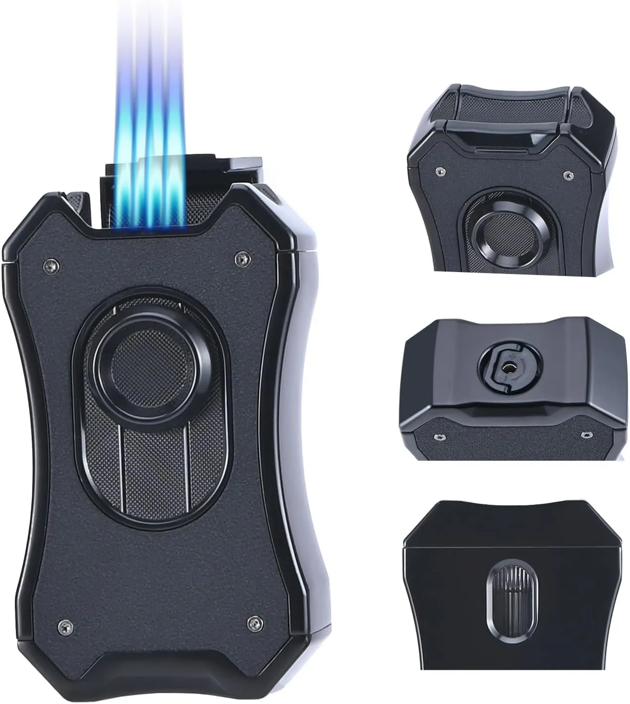 Premium Windproof Dual Torch Jet Flame Lighter with Stand - Metal Refillable Butane Multi-Purpose Lighter for Men