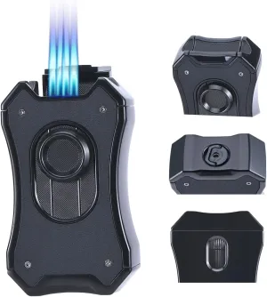 Premium Windproof Dual Torch Jet Flame Lighter with Stand - Metal Refillable Butane Multi-Purpose Lighter for Men
