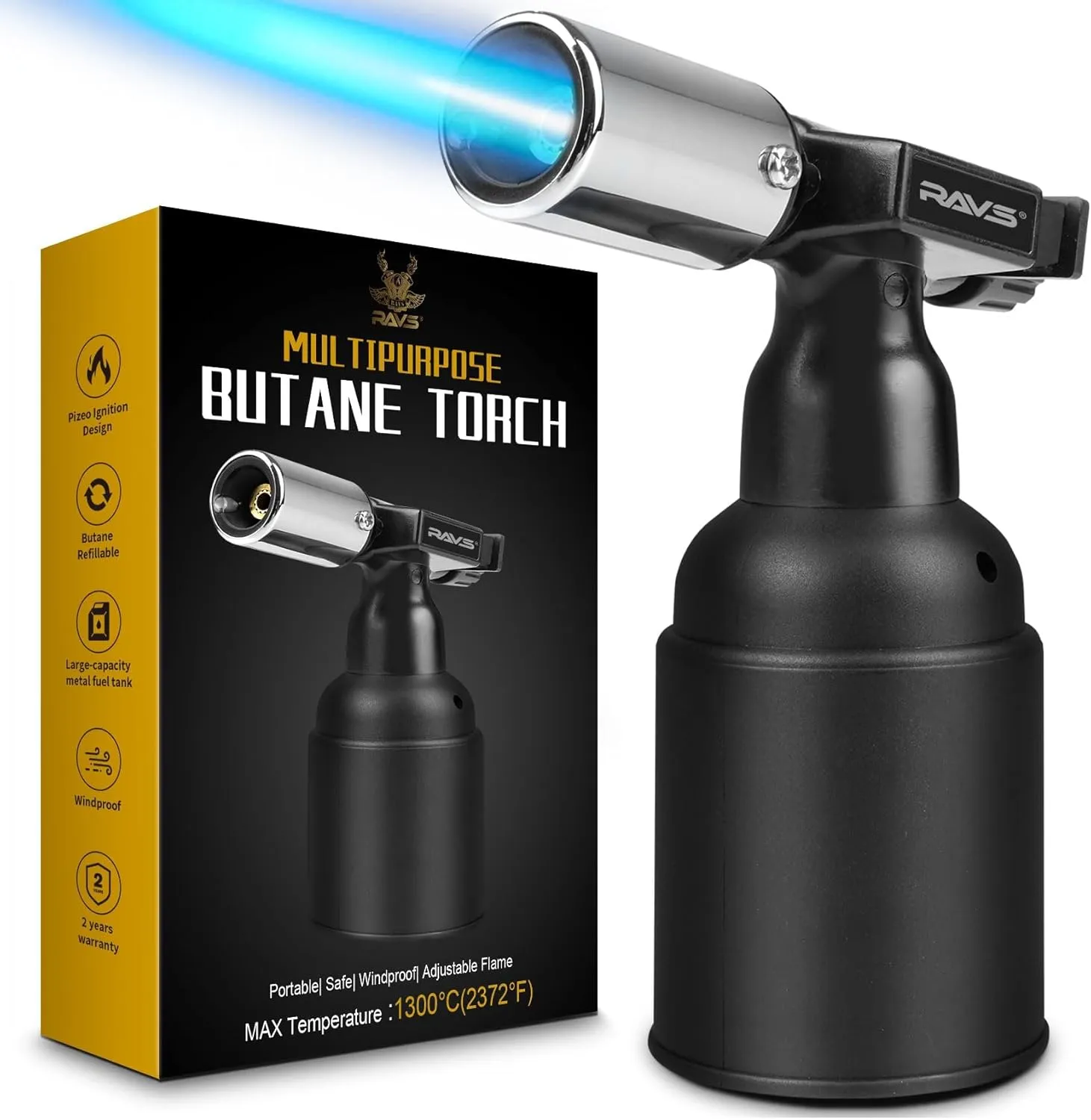 RAVS Butane Torch, Kitchen Torch Lighter with Adjustable Flame, Refillable Blow Torch for Cooking, Creme Brulee Torch with Safety Lock, Cooking Torch Gun for Desserts, Baking - Butane Gas Not Included