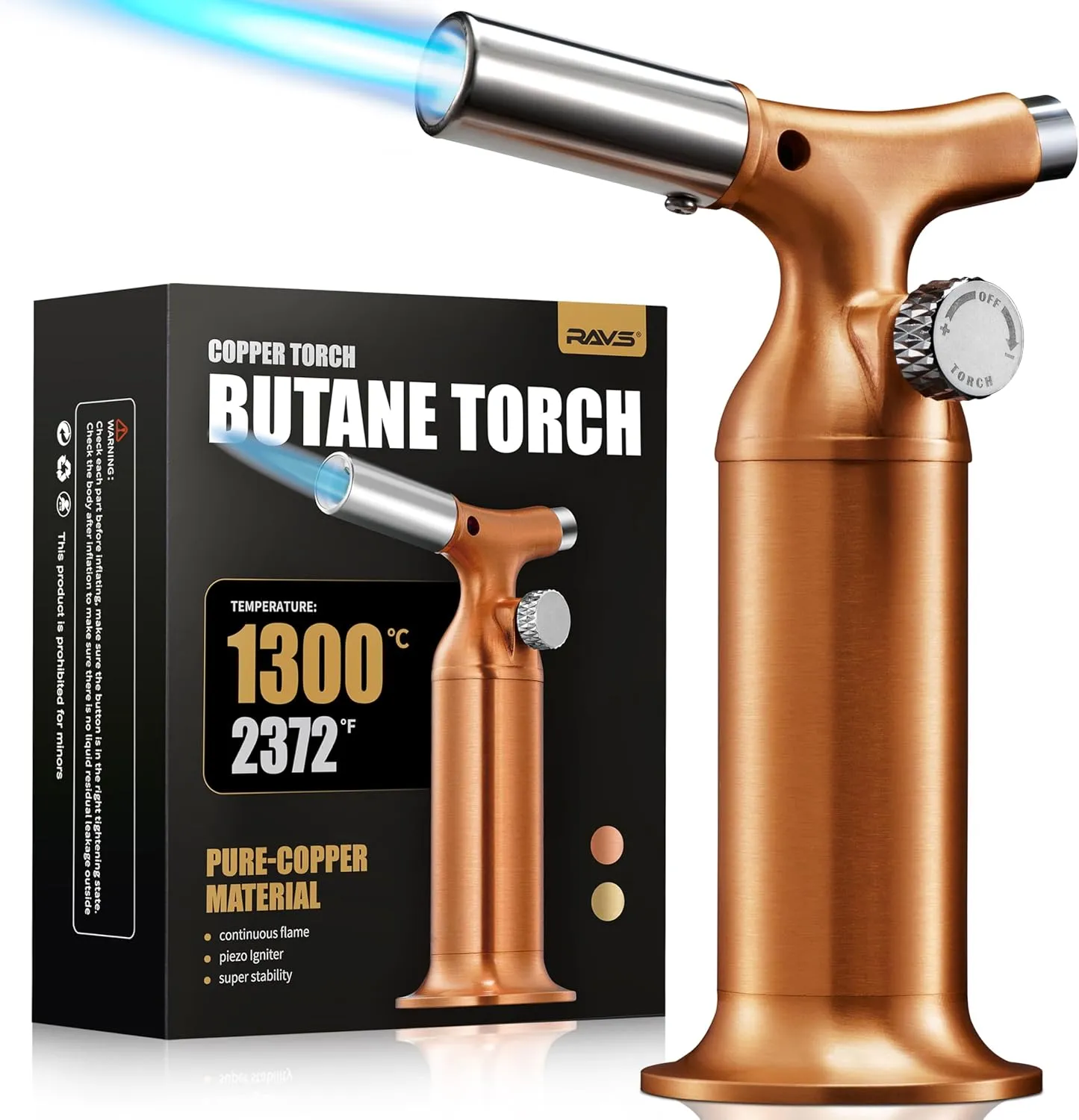 RAVS Solid Copper Butane Torch, Kitchen Torch Lighter for Creme Brulee with Adjustable Flame, Refillable Blow Torch for Cooking, Baking, Soldering, Rose Gold Cooking Torch, Butane Gas is Not Included