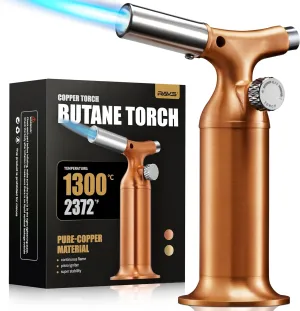 RAVS Solid Copper Butane Torch, Kitchen Torch Lighter for Creme Brulee with Adjustable Flame, Refillable Blow Torch for Cooking, Baking, Soldering, Rose Gold Cooking Torch, Butane Gas is Not Included