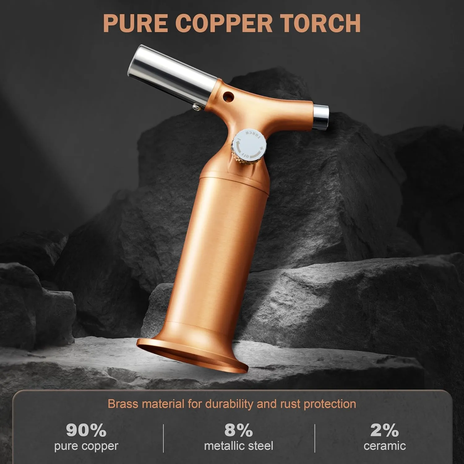 RAVS Solid Copper Butane Torch, Kitchen Torch Lighter for Creme Brulee with Adjustable Flame, Refillable Blow Torch for Cooking, Baking, Soldering, Rose Gold Cooking Torch, Butane Gas is Not Included
