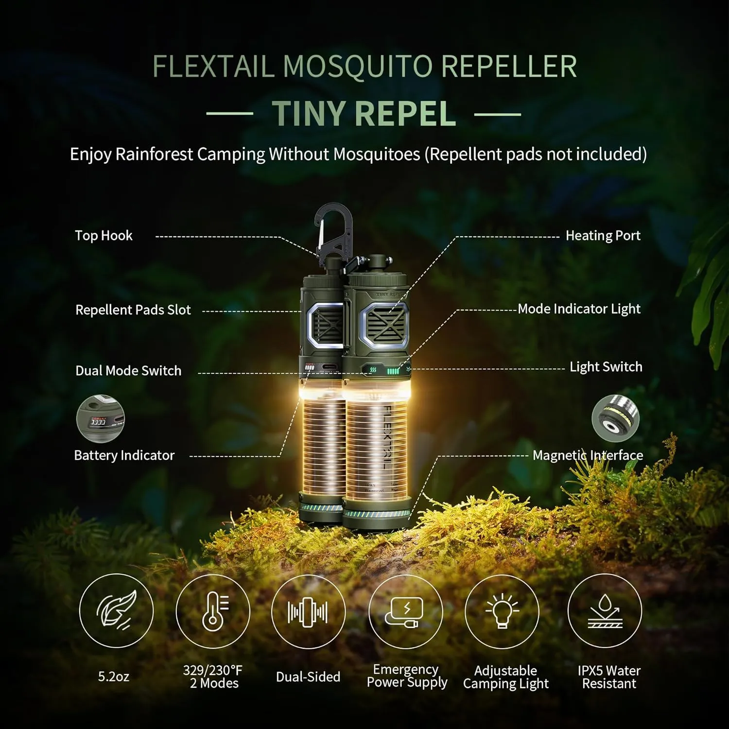 Rechargeable Tiny Mosquito Repeller 329°F Heating 30ft Protection Zone Ultra Mini with Camping Light Magnetic Design for Outdoor Camping Backpacking Patios(Repellent Pads Not Included)- Green