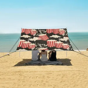 Red Stripes Popcorn Beach Canopy Tent Anti-UV & Wind Resistant, Camping Sun Shelter Easy Setup Portable,Outdoor Shade Tents with Sandbags,Sand Shovels,Ground Pegs & Stability Poles