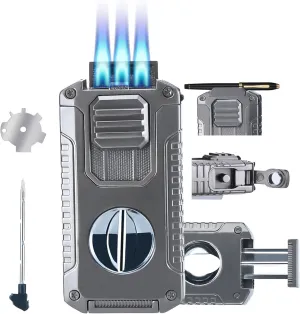 Refillable Butane Torch Lighter with Built-in Holder and 3 Jet Flame - All-in-1 Tool for Men (Butane not Included)