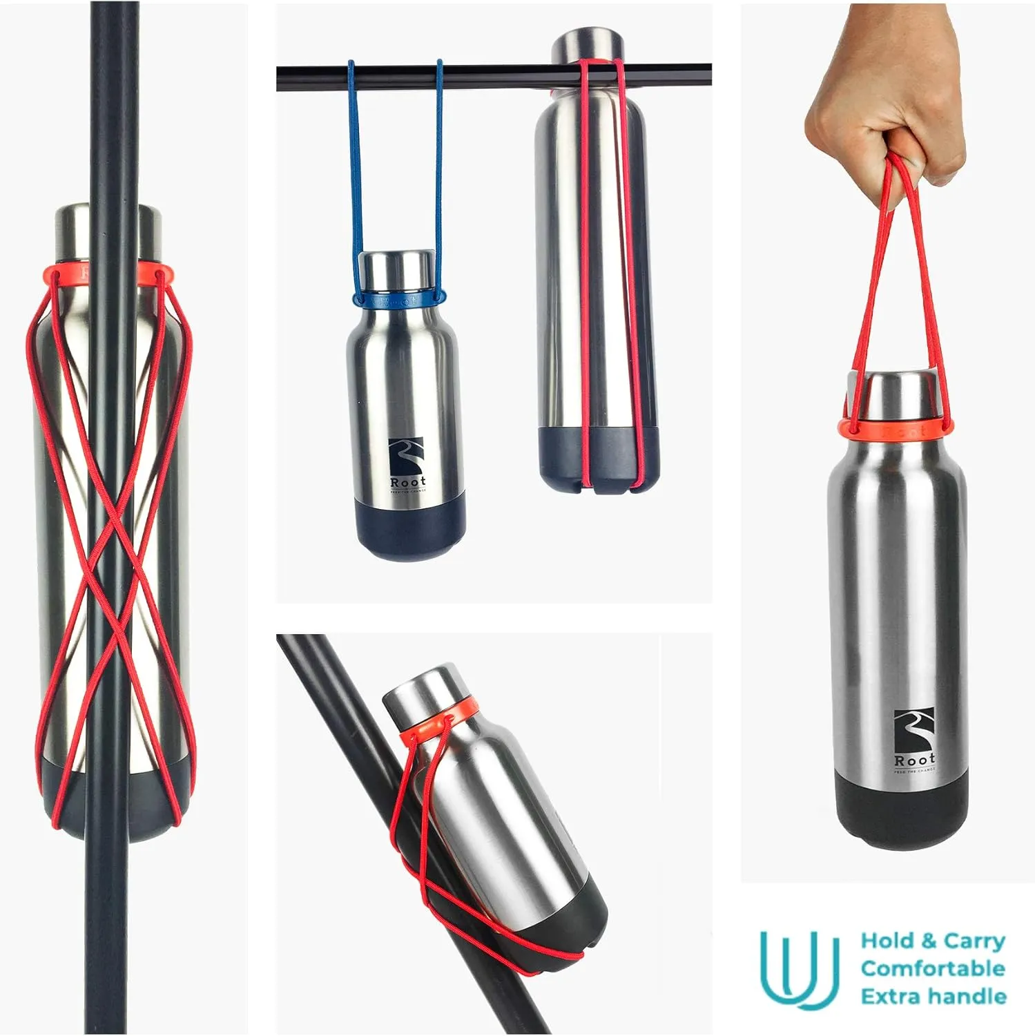 Root FTC Bottle Thermal Flask Stainless Steel Double Wall, Anti Drop Cap, Shockproof Bottom, Bungee Cords, 530 ml, 700 ml and 940 ml - Hot (20h) / Cold (24h)