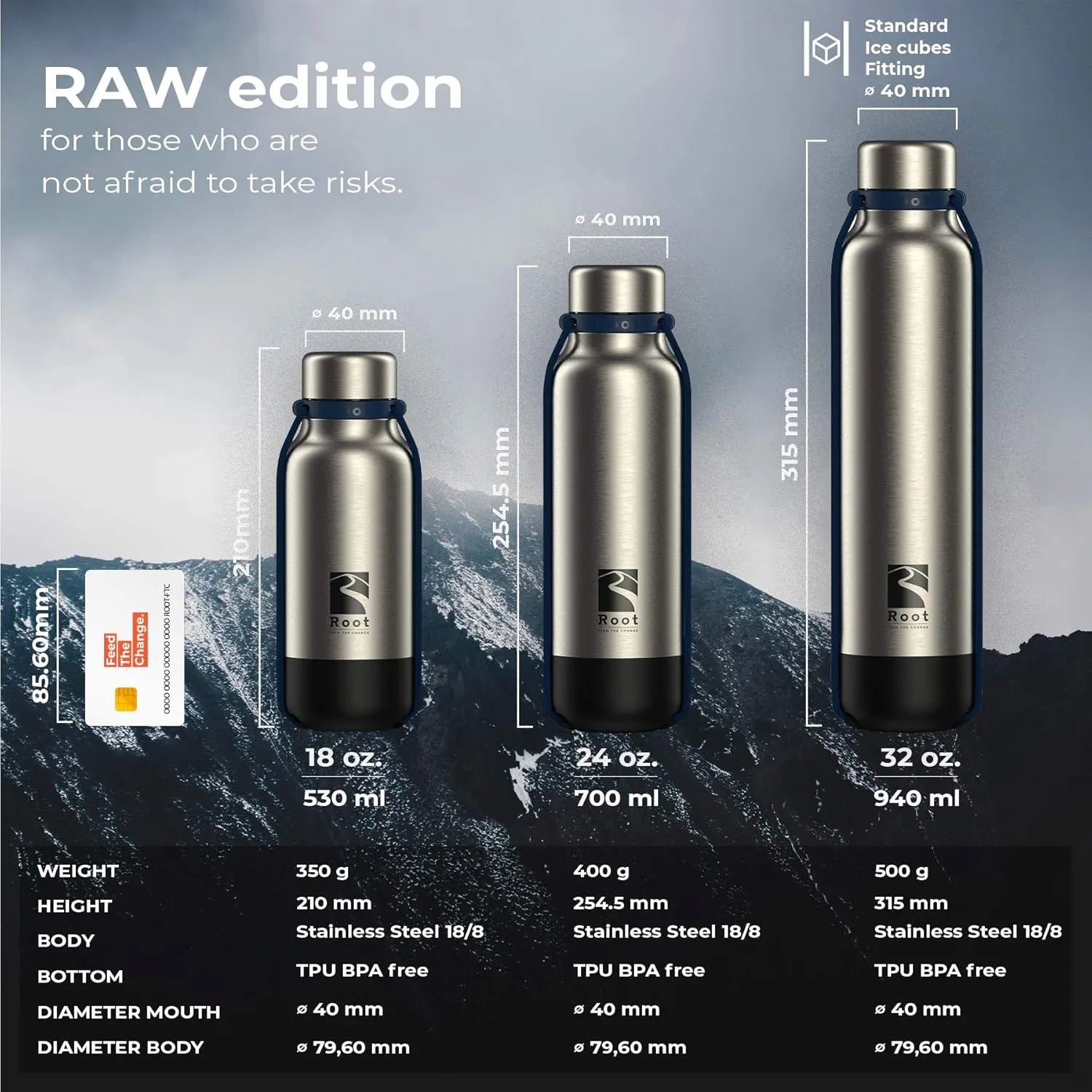 Root FTC Bottle Thermal Flask Stainless Steel Double Wall, Anti Drop Cap, Shockproof Bottom, Bungee Cords, 530 ml, 700 ml and 940 ml - Hot (20h) / Cold (24h)