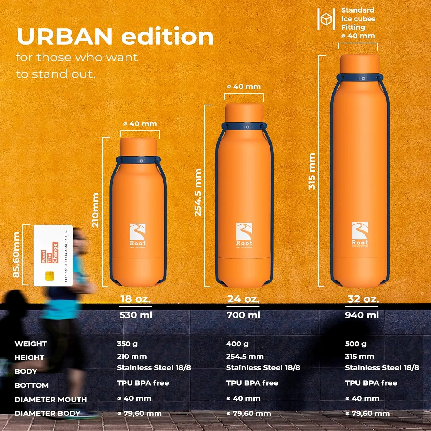 Root FTC Bottle Thermal Flask Stainless Steel Double Wall, Anti Drop Cap, Shockproof Bottom, Bungee Cords, 530 ml, 700 ml and 940 ml - Hot (20h) / Cold (24h)