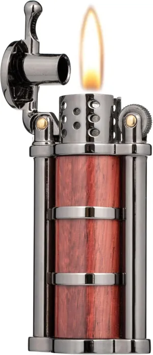 Rosewood Case Antique Style Petrol Kerosene Soft Flame Cylinder Type Windproof Lighter (Black)