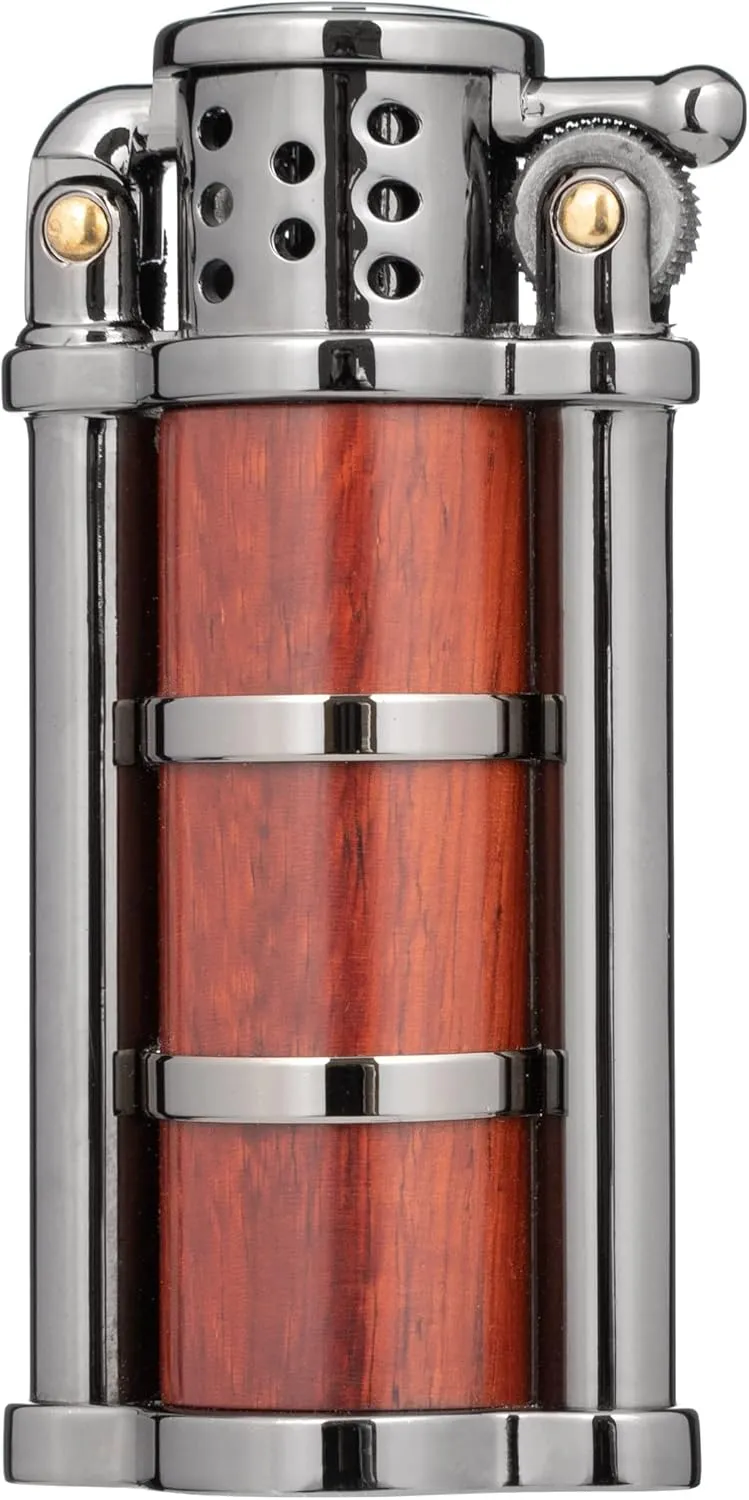 Rosewood Case Antique Style Petrol Kerosene Soft Flame Cylinder Type Windproof Lighter (Black)