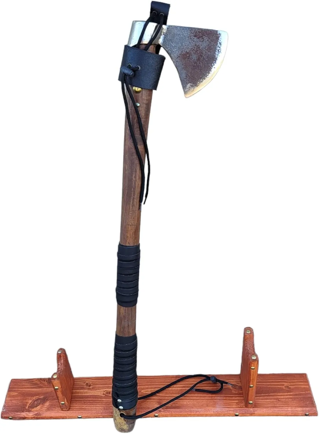 Rustic Cast Iron Hand Forged Viking Two Handed Axe Carbon Steel Head Wood Handle and Display Stand