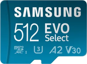 SAMSUNG EVO Select microSDMemory Card   Adapter, 512GB microSDXC, Up-to 160 MB/s, 4K UHD, UHS-I, C10, U3, V30, A2, for Mobile Phone, Smartphones, Nintendo-Switch, and Tablets (MB-ME512SA/AM)
