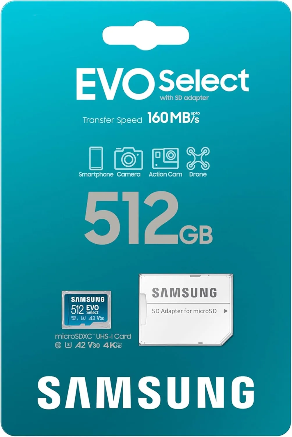 SAMSUNG EVO Select microSDMemory Card   Adapter, 512GB microSDXC, Up-to 160 MB/s, 4K UHD, UHS-I, C10, U3, V30, A2, for Mobile Phone, Smartphones, Nintendo-Switch, and Tablets (MB-ME512SA/AM)