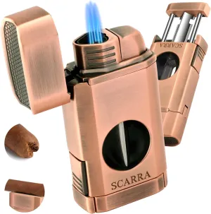 SCARRA Cigar Torch Lighter, Multi-Function 3-in-1 Cigars Lighter Gift for Men, Butane Lighters Built-in Cigar Holder & One-Touch Cigar Cutter V Cut, Windproof Triple Jet Flame Lighter for Men