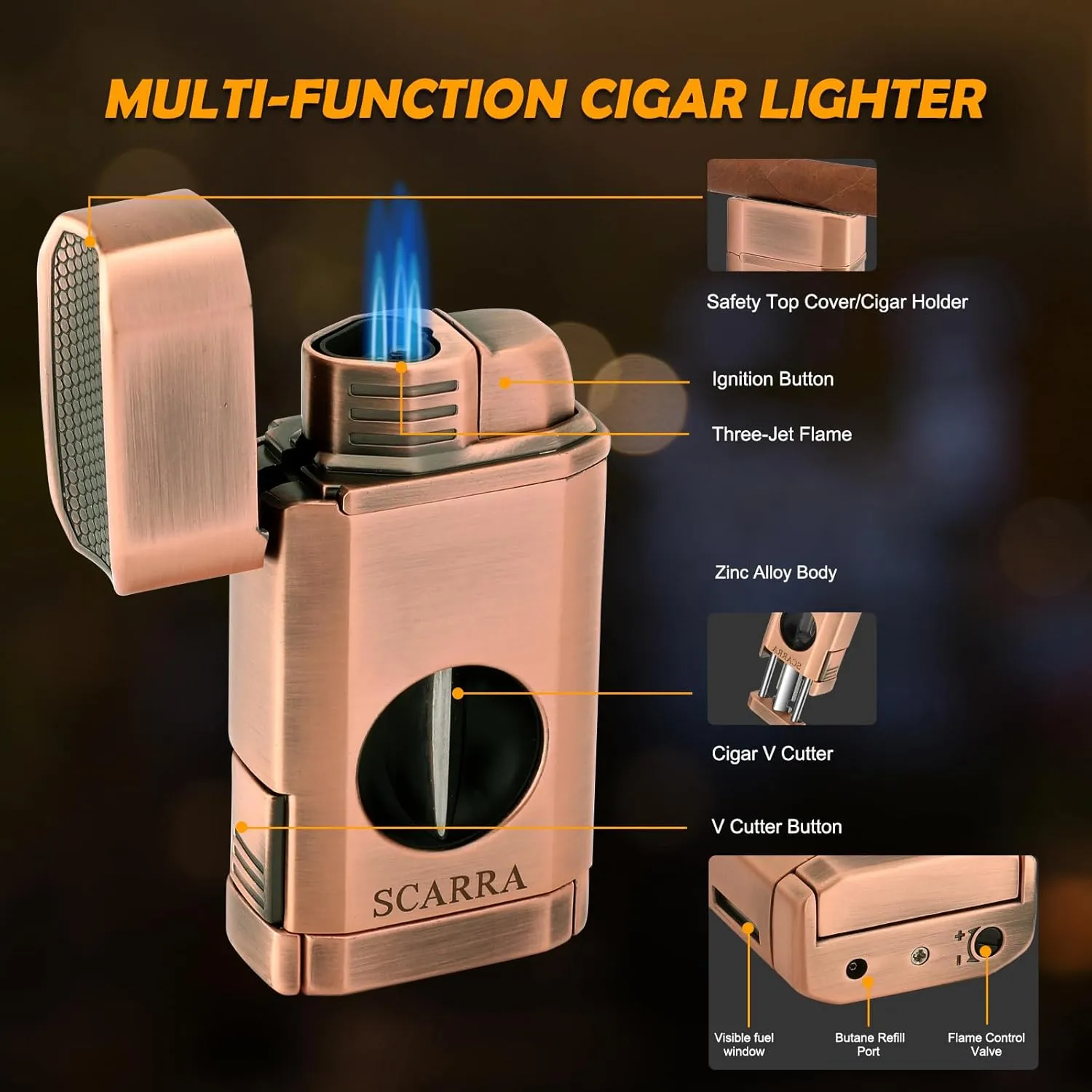 SCARRA Cigar Torch Lighter, Multi-Function 3-in-1 Cigars Lighter Gift for Men, Butane Lighters Built-in Cigar Holder & One-Touch Cigar Cutter V Cut, Windproof Triple Jet Flame Lighter for Men