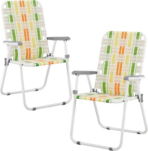Set of 2 Webbed Folding Beach Chairs, Outdoor Patio Lawn Foldable Chairs for Camping Fishing Yard Poolside BBQ (Yellow & Green)