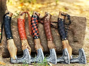 Set of 5 Viking Axes – Forged Carbon Steel Axes with Engraved Wood Handles, Includes Sheaths, Perfect Custom Gift for Birthdays, Anniversaries, and Collectors