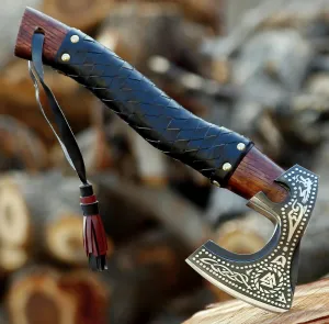 SHINY CRAFTS-Viking Axe Bearded Axe Tomahawk Birthday Gifts-Viking Axe Real, Bearded Axe Real Hatchet Russian Valknut Wood Working Tool with Premium Leather Sheath (SCA-10)